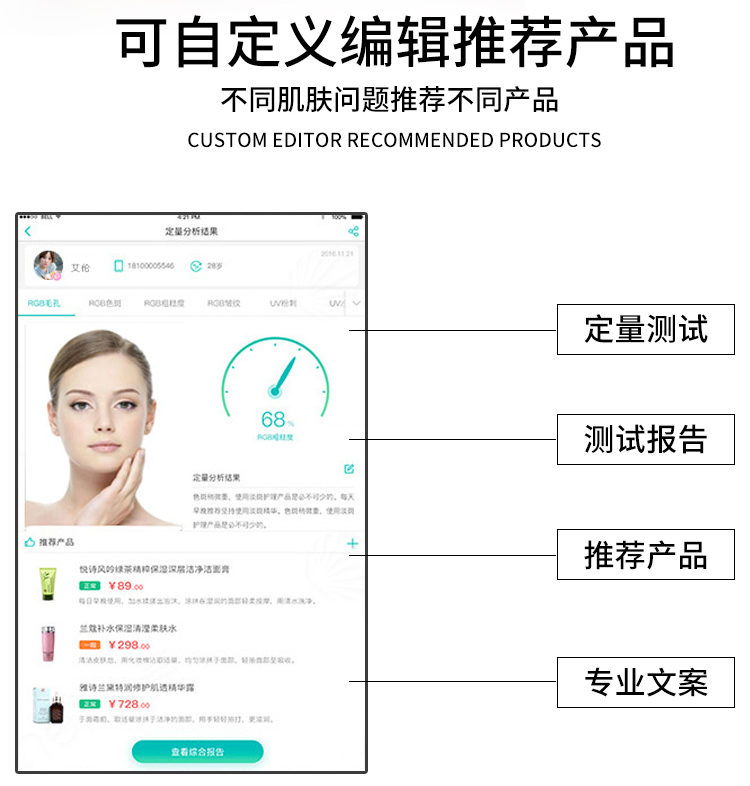 智能面部拍照仪针对不同的肌肤问题可自定义推荐不同的产品
